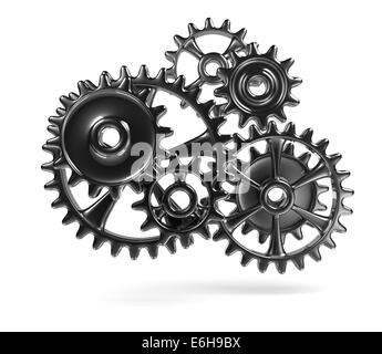 Metallic Cogwheels Engaged 3D Illustration Isolated on White Background Stock Photo