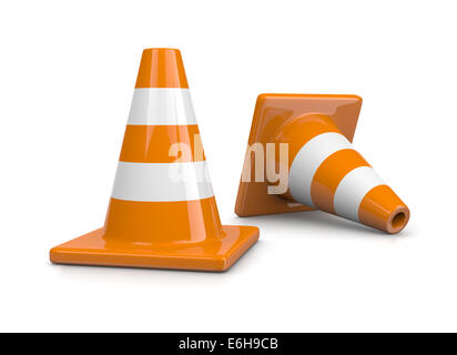 Two Orange Traffic Cones on White Background Stock Photo