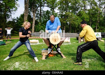 Maetaguse, Estonia. 23rd Aug, 2014. Players compete in log-sawing, a game during the Nordic axe throwing championship, in Maetaguse, Estonia, on Aug. 23, 2014. More than 100 best axe throwers from Denmark, Sweden, Finland and Estonia compete in the Nordic axe throwing championship, which lasts from 22 to 23 of August. © Sergei Stepanov/Xinhua/Alamy Live News Stock Photo