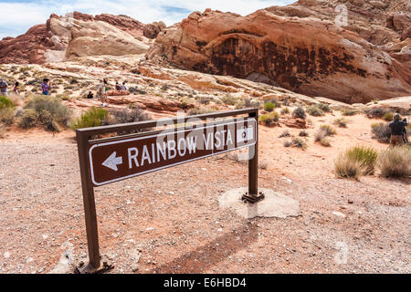 Sign leading to Rainbow Vista rock formation in Valley of Fire State Park near Overton, Nevada Stock Photo