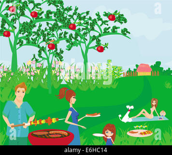 A vector illustration of a family having a picnic Stock Photo
