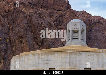 Art Deco decorations atop water intake tower at Hoover Dam over the Colorado River near Boulder City, Nevada Stock Photo