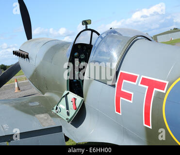 Cockpit detail of a replica scale spitfire, quite good from a distance to look at.  Hestridge airfield August 2014 Stock Photo