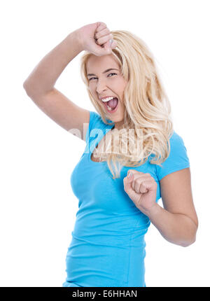 Isolated young enthusiastic blonde girl in blue shirt passed examination at high school. Stock Photo