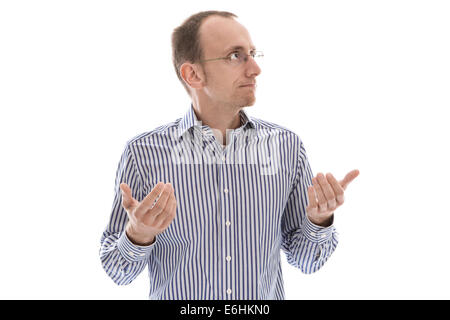 Misunderstanding concept: Isolated bald businessman had made u mistake. Sorry gesture. Stock Photo
