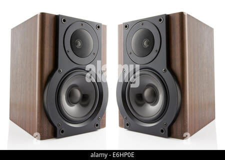 Pair of modern music speakers in classic wooden casing isolated on white background Stock Photo