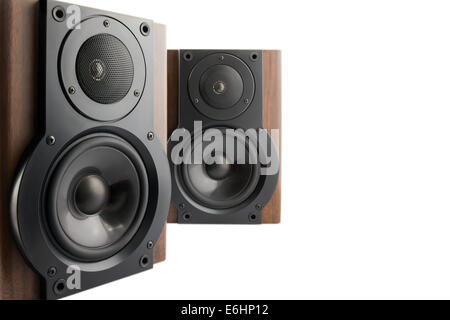 Pair of modern music speakers in classic wooden casing isolated on white background Stock Photo