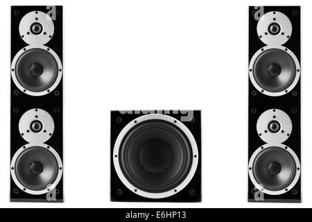 Pair of black high gloss music speakers and subwoofer isolated on white background Stock Photo