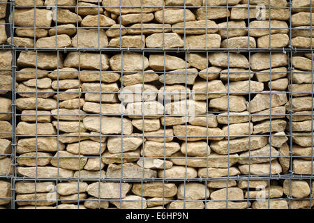 Close up of a stone Gabion basket wall. Stock Photo