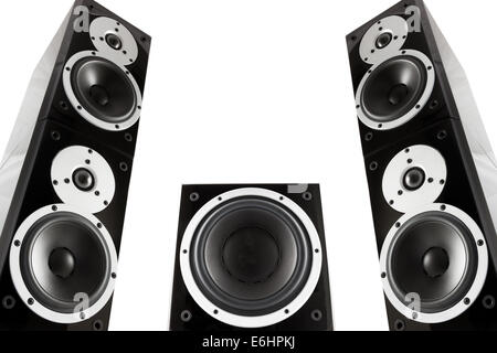 Pair of black high gloss music speakers and subwoofer isolated on white background Stock Photo