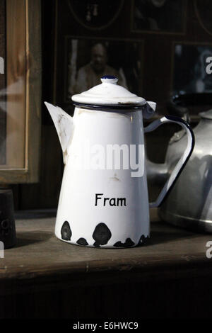 Coffee Pot on display in the Oslo Museum which was used on Norwegian Polar Expeditions aboard the ship FRAM Stock Photo