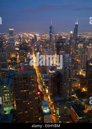 A night, aerial view of the Magnificent Mile and downtown Chicago, as seen from 360 CHICAGO (formerly John Hancock Observatory). Stock Photo