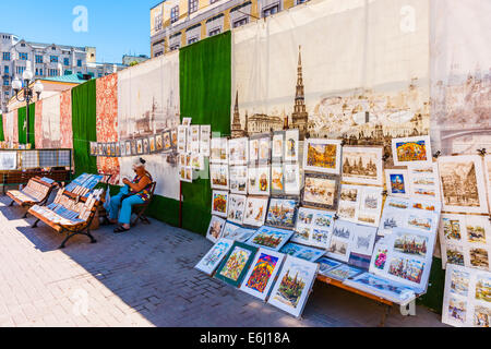 Selling art in Arbat street of Moscow Stock Photo