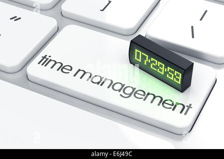 3d render of led display alarm clock on the keyboard. Time management concept. Stock Photo