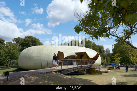 Serpentine Summer Pavilion 2014 outside The Serpentine Gallery in London designed by Smiljan Radic Exterior View of Entrance Stock Photo