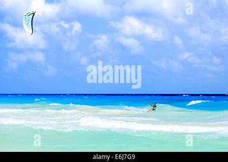 Kitesurfer on caribbean sea in Playa del Carmen, Mexico Stock Photo