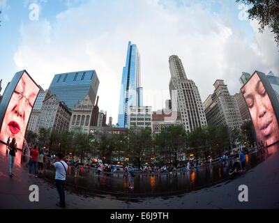 A wide angle, fisheye view of Jaume Plensa's popular Crown Fountain work of public art in Millennium Park, Chicago, Illinois. Stock Photo