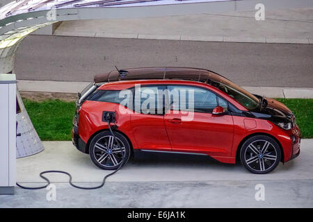 BMW i3 is the world’s first premium all-electric car, charging battery in front of bmw welt world munich Stock Photo