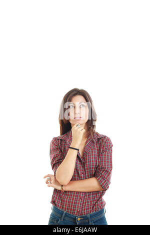 Portrait of the pretty thinking woman having an idea and looking up with lot of blank copy space Stock Photo