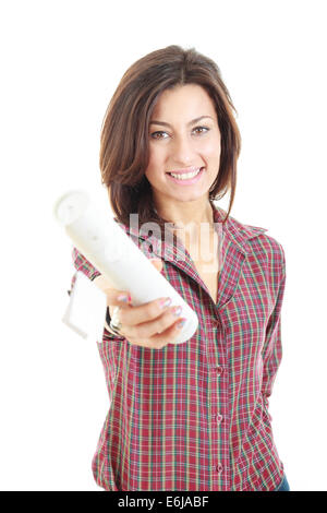 Happy smiling woman with scroll diploma giving to camera isolated on white in red shirt Stock Photo