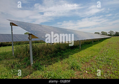 First solar thin film photovoltaic PV panels on Belectric solar farm at Willersey North Cotswolds UK Stock Photo