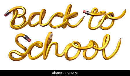 Back to school written text made from a group of three dimensional pencils as an education symbol and the start of class concept isolated on a white background. Stock Photo