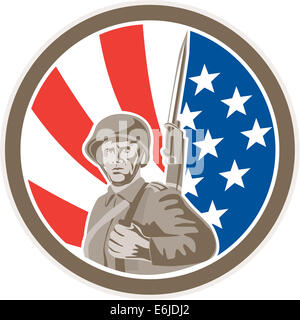 Illustration of an american world war two soldier serviceman military with bayonet set inside circle on stars and stripes background done in retro style. Stock Photo