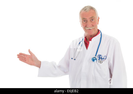 Senior physician standing in studio on white background Stock Photo