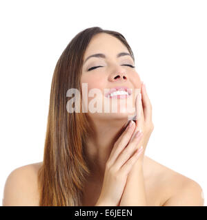 Beauty woman with perfect skin and manicure and white smile isolated on a white background Stock Photo