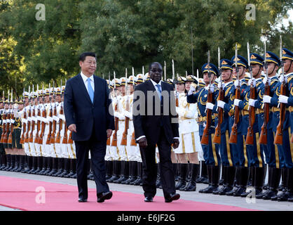 Beijing, China. 25th Aug, 2014. Chinese President Xi Jinping (L front) holds a welcome ceremony for Zimbabwean President Robert Mugabe before their talks in Beijing, China, Aug. 25, 2014. Credit:  Ding Lin/Xinhua/Alamy Live News Stock Photo