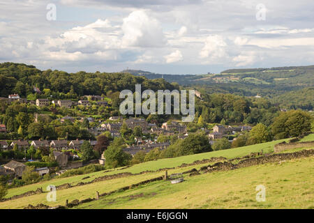 View of Holmfirth small town in West Yorkshire from an elevated position on the surrounding moors Stock Photo