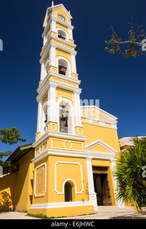 Beautiful old Spanish church and bell tower near Playa del Carmen, Mexico Stock Photo