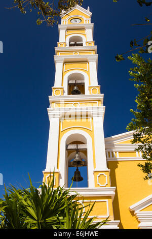 Beautiful old Spanish church and bell tower near Playa del Carmen, Mexico Stock Photo