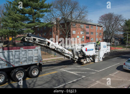 Pavement milling, cold planing, asphalt milling, or profiling machine prepared road in Hartford for repaving. Stock Photo