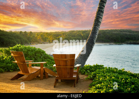 Two anirondac chairs overlooking ocean and beach at Four Seasons. Lanai, Hawaii. Stock Photo
