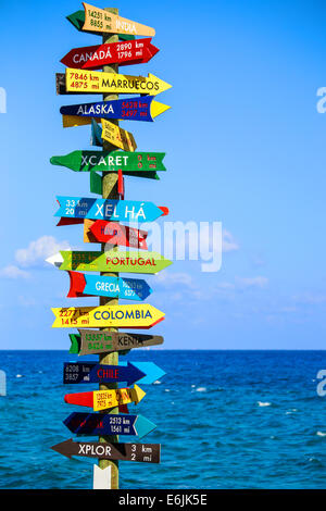 Funny direction signpost with distance to many different countries on Mexican coastline Stock Photo