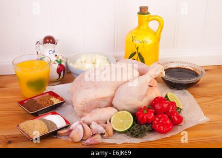 jerk chicken cooking ingredients on the wooden table Stock Photo