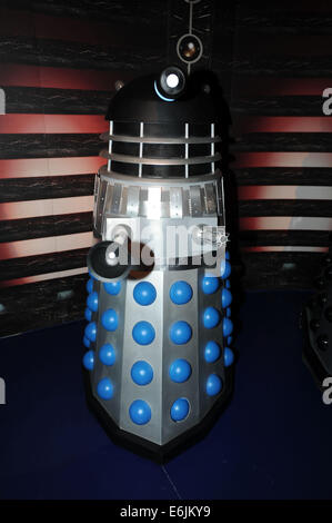 A silver and blue dalek at the Doctor Who experience at Cardiff Bay, Wales. Stock Photo