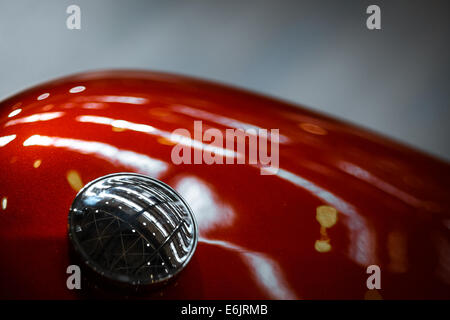 Color detail of a red motorcycle gas tank. Stock Photo