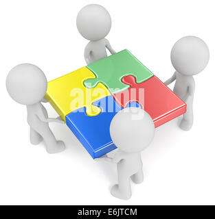 The dude x 4 holding joined puzzle pieces. Red, green, blue and yellow. Stock Photo