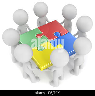 The dude x 8 holding joined puzzle pieces. Red, green, blue and yellow. Stock Photo