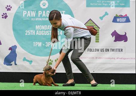 London, UK. 25th August, 2014.   Pampered pooches performed perfectly at the annual Paw Pageant in Old Spitalfields Market.  Raising money for Battersea Dog & Cats Home, a catwalk show saw dogs dressed in designs by Lilly Shahravesh of LoveMyDog accompanied by models in designer outfits.   Credit:  Stephen Chung/Alamy Live News Stock Photo