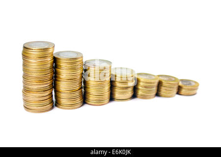 Close-up of stacks of Indian coins of different denominations Stock Photo