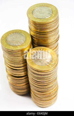 Close-up of stacks of Indian coins of different denominations Stock Photo