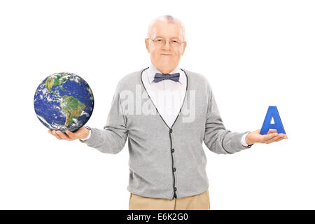 Geography professor holding a globe and a letter isolated on white background earth image in public domain and furnished by NASA Stock Photo