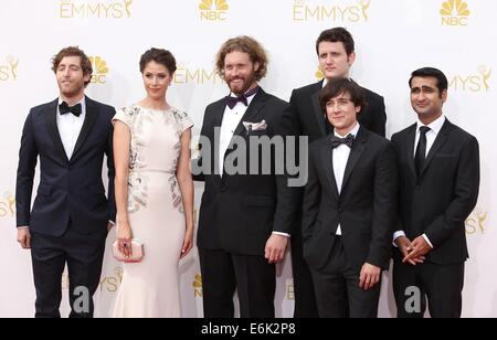 Los Angeles, CA, USA. 25th Aug, 2014. Thomas Middleditch, Amanda Crew, T.J. Miller, Zach Woods, Josh Brener, Kumail Nanjiani at arrivals for The 66th Primetime Emmy Awards 2014 EMMYS - Part 1, Nokia Theatre L.A. LIVE, Los Angeles, CA August 25, 2014. Credit:  James Atoa/Everett Collection/Alamy Live News Stock Photo