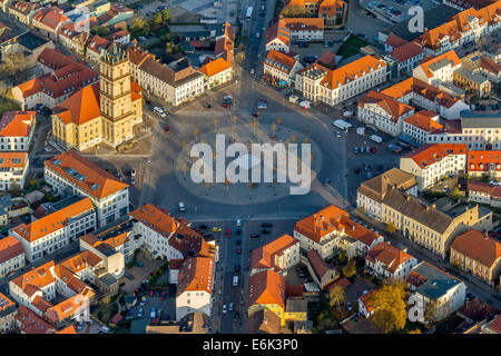 Aerial view, market square with eight axis and roundabout, City Hall and City Church, Neustrelitz, Mecklenburg-Western Pomerania Stock Photo