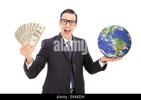 Successful businessman holding the planet earth isolated on white background earth image in public domain and furnished by NASA Stock Photo