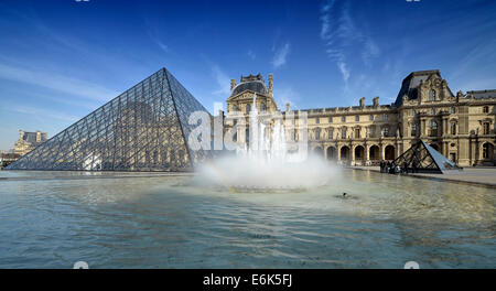Fountains in front of the entrance pyramid of the Louvre Museum designed by architect IM Pei, Musée du Louvre, Paris Stock Photo