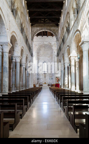 Nave of the upper church with transept and apse, Romanesque-style Norman Church, cathedral by the sea, Trani Cathedral, Stock Photo